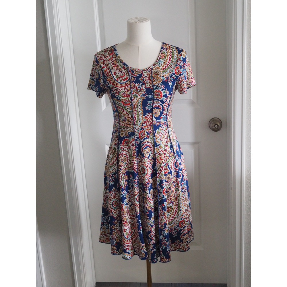 Sami & Jo Paisley Blue Multicolor A-Line Dress Boho Petite Small PS Excellent